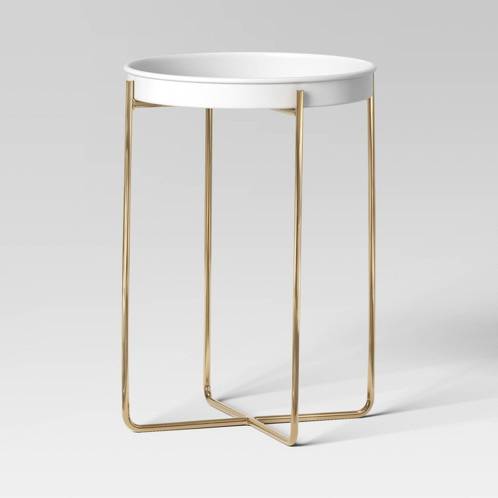 Indoor Outdoor Iron Planter Stand Round Tray Top End Table  White/Gold - Bellso